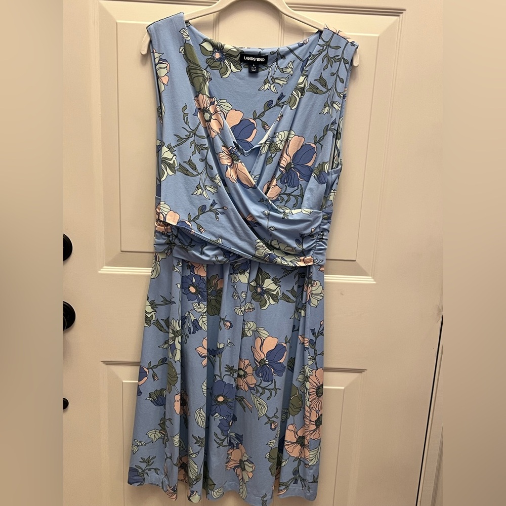 Lands End Floral Blue Sleeveless Dress size L 14-16